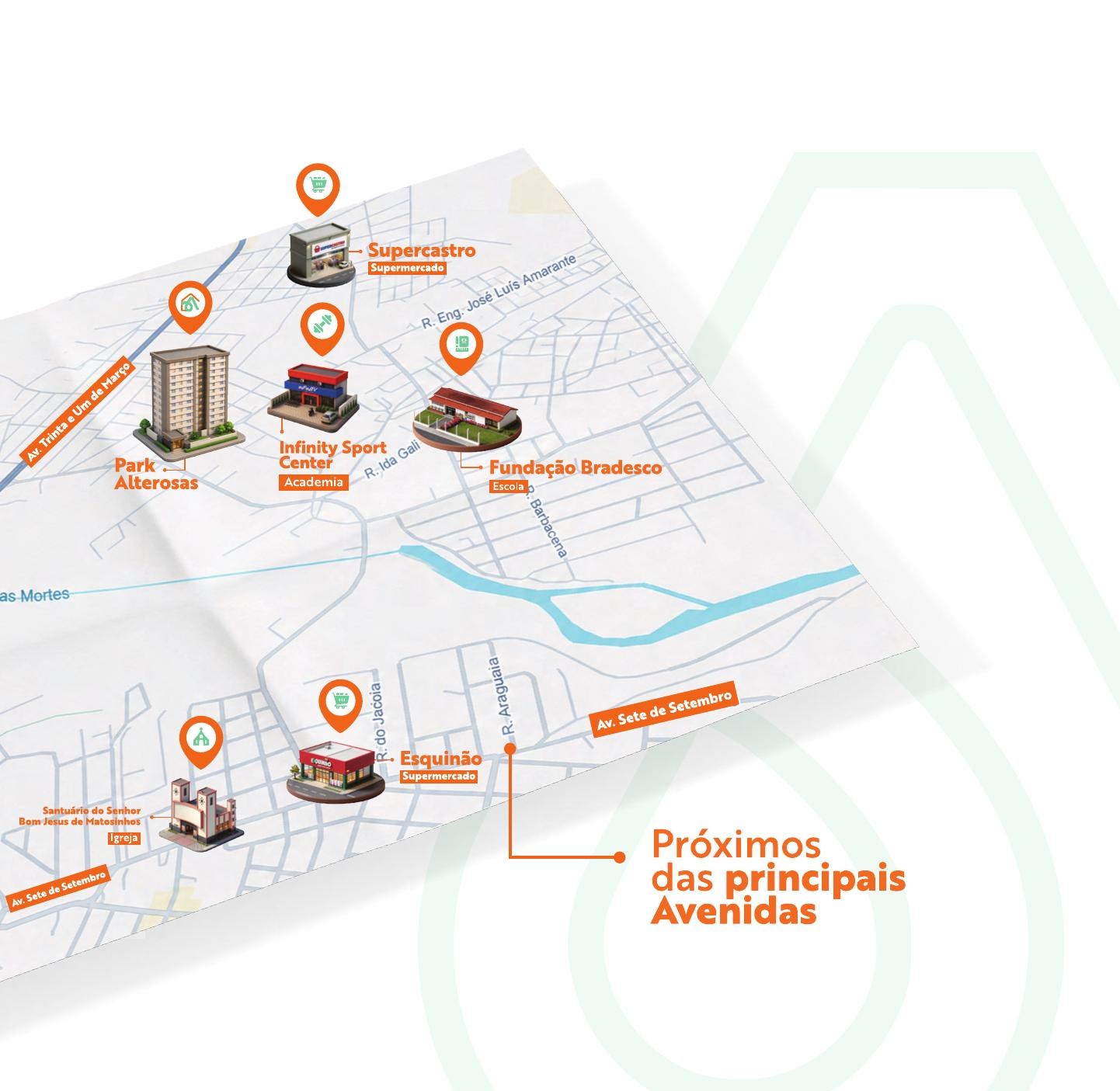 Mapa do bairro Recreio das Alterosas com o Park Alterosa e pontos próximos